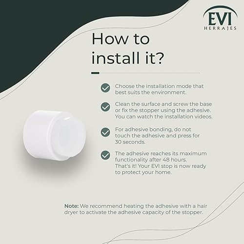 Miniatura 6 de EVI Tope de puerta adhesivo de pared 1.1'' X 1.1'' Gran adherencia 100% funcional Mod. 19828 (acero inoxidable lacado blanco - caucho blanco)
