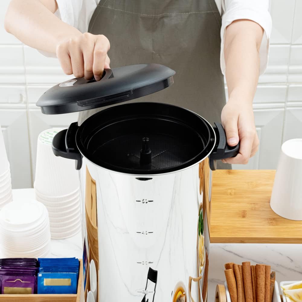Restaurantware Restpresso 230 Ounce Coffee Dispenser 1 Single-Wall Large Coffee Urn - 120V/1000W Serves 46 Cups Silver 13/0 Stainless Steel Hot Water Urn No-Drip Spigot Sight Gauge
