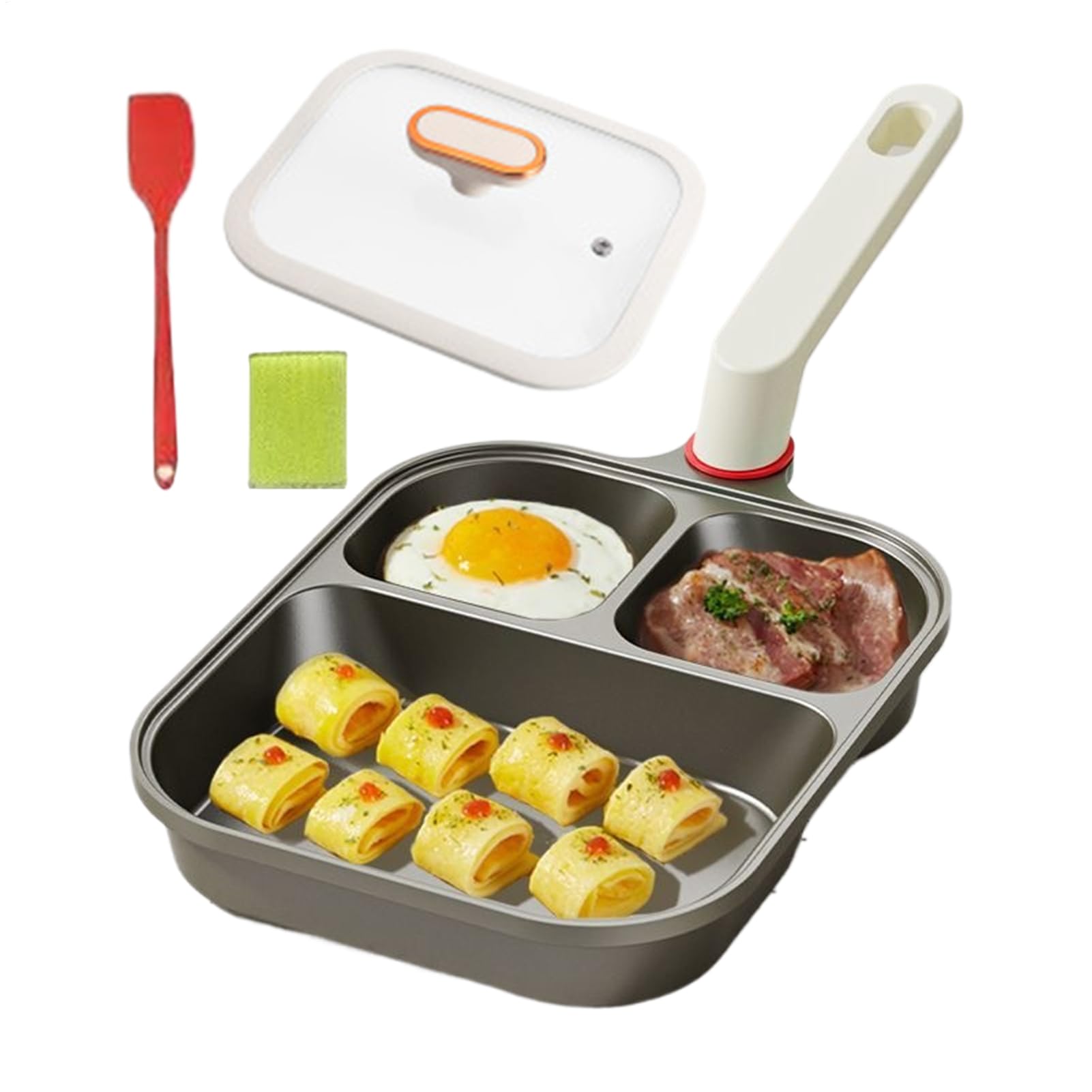 Padella antiaderente per uova Padella colazione a 3 scomparti | Tegamino Divisorio con Coperchio e Spatola in Silicone per Uova, Pancake, Bacon e Preparazione Pasti