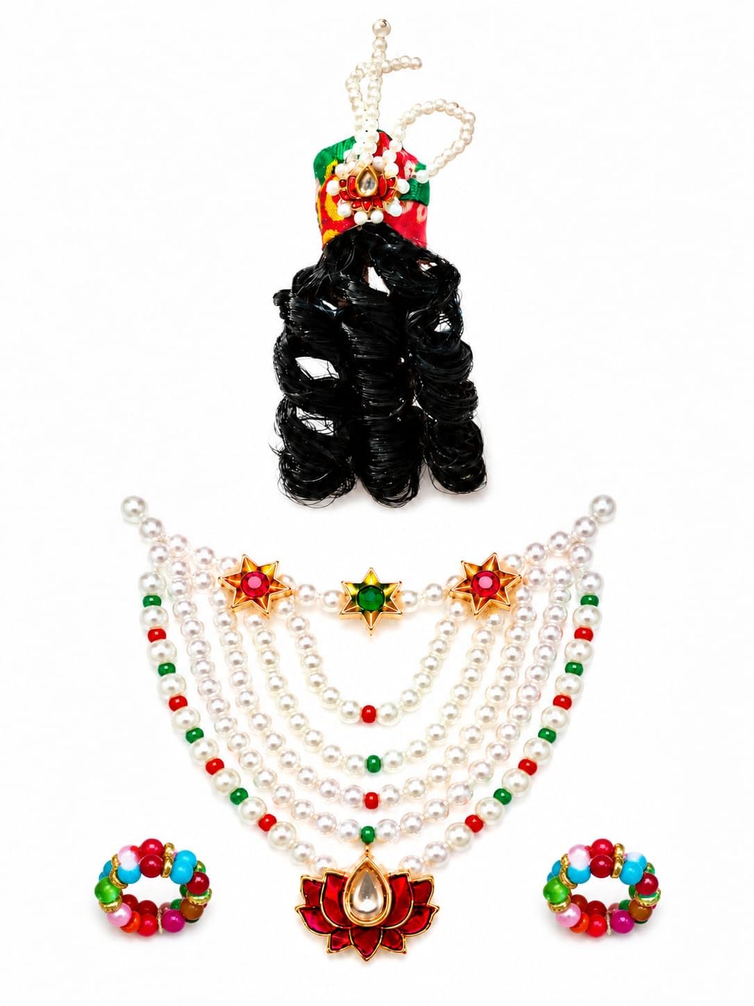 Laddu Gopal Shringar Set with Hair, Mala, Mukut and Kangan pack of 1 | Attached Hair Included, Mukut Crown, Pearl Mala, Kangan Bangles, Kanha Deity Set-image-21
