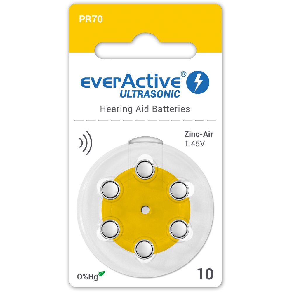 everActive 10, 6 Pack, Hearing Aid Batteries, High Performance, Zinc Air Batteries, 1 Blister Card, 4 Year Shelf Life, Yellow, Ultrasonic PR70, EVHAB10
