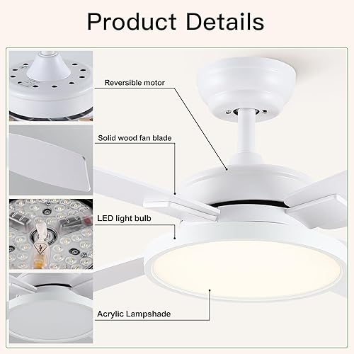 Miniatura 8 de SNJ Ventilador de techo blanco con luz, ventiladores de techo de 52 pulgadas con luces y control remoto, ventiladores modernos para dormitorio