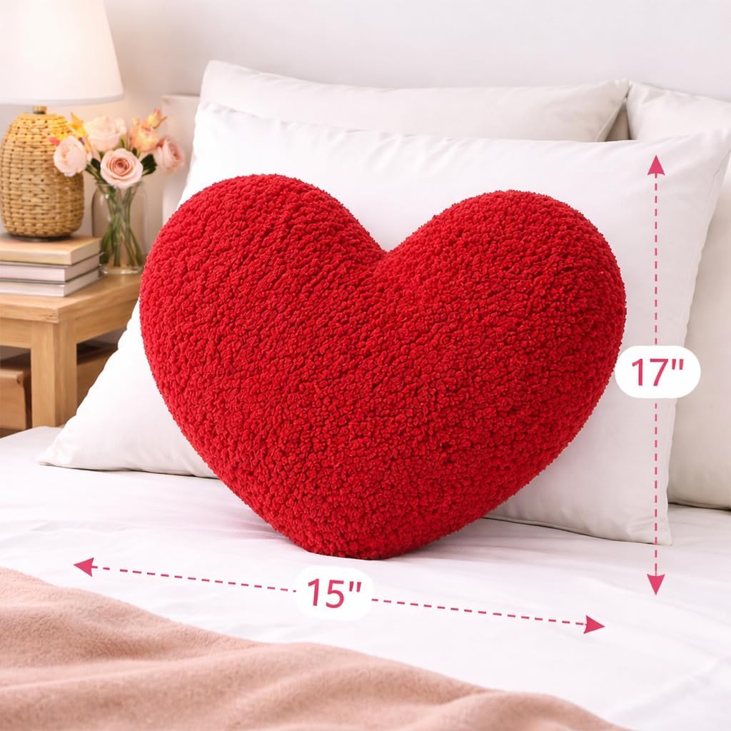 EVOLIVE Heart Pillow, 15x17 Inch Large Heart Shaped Sherpa Throw Pillow, Soft Plush Love Gift Cushion for Bed, Couch, Sofa, Living Room & Bedroom Decor, Indoor Outdoor Accent Pillow (Wine Red)