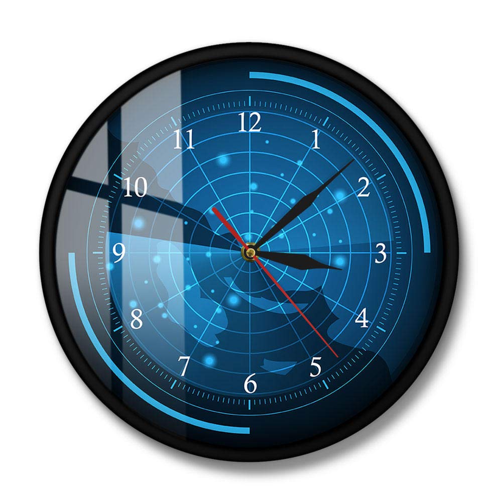 tingnntingnn Blue Radar Screen with Map Wall Clock Radar with Targets Home Artwork Raster of The Air Army Assassination Decorative Wall Watch-Metal_Frame_with_acrylic_glass