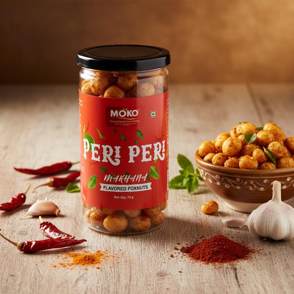 MOKO Peri Peri Makhana β Roasted Foxnuts Snack, High Protein, Gluten-Free & Low Calorie, Healthy Lotus Seeds, Light & Crunchy, 70g 3