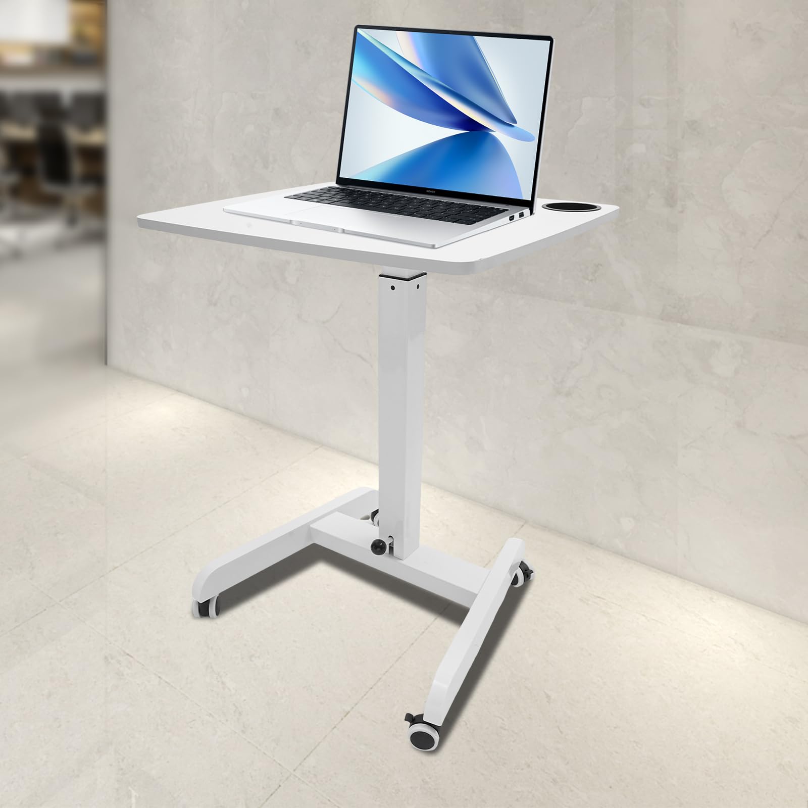 White Pneumatic Mobile Standing Desk 20 5x23 6in Top 44 2in Height 33lb Capacity 4 Locking Wheels for — view 4