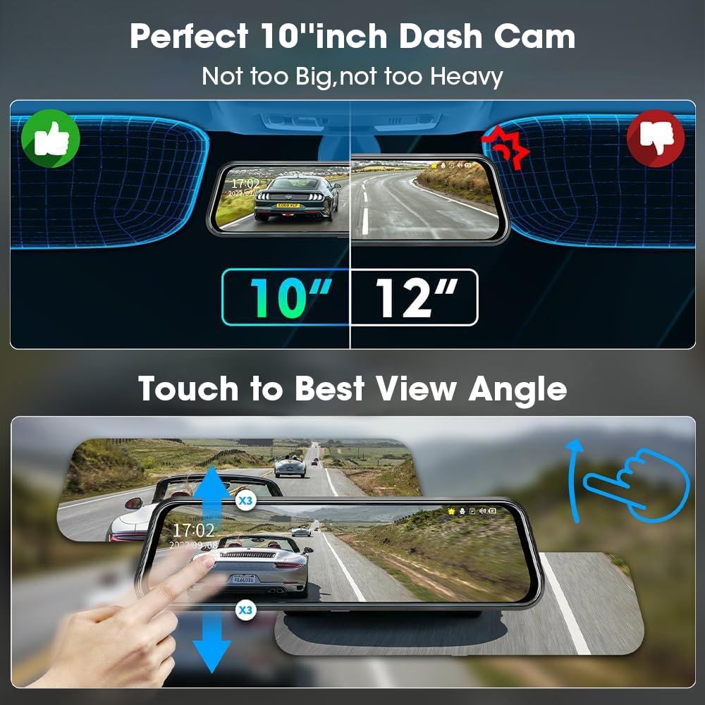 Jansite Spiegel Dashcam mit Rückfahrkamera 10'' Touch Screen FHD 1080P Autokamera Rückfahrkamera Spiegel mit 10 Meter Kabel, Dashcam Spiegel mit 170° Weitwinkel-Nachtsicht Weitwinkel G-Sensor