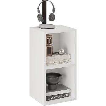 KOMTO Small White Bookcase - Cube Shelf with 2 Compartments Cube Shelf for Living Room Children's Room Dessert for Bedroom Standing Shelf Nubo 31.4 x 60.8 x 29 cm