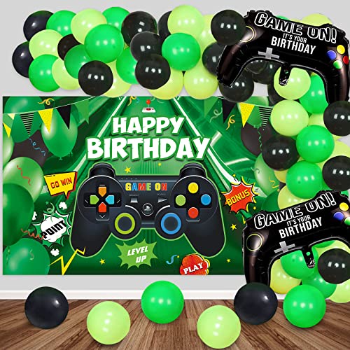 Videospiel Party Dekoration, 50 Stück Gamer Deko Geburtstag, Videospiel Geburtstag Hintergrund Happy Birthday Banner Deko Junge mit Gamecontroller Luftballons Schwarz Grün Luftballons für Kinder Cover