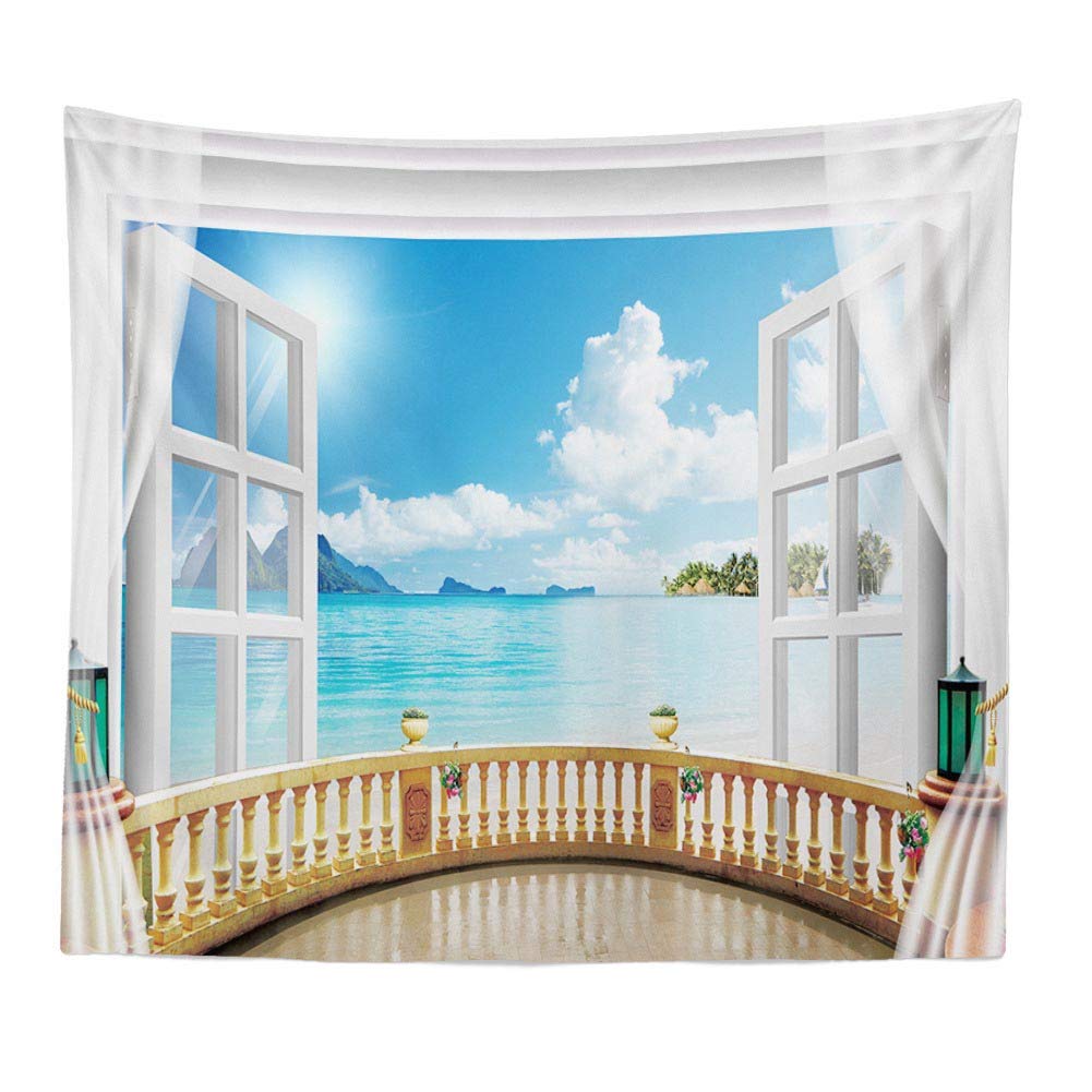 BOYOUTH Tapestry Wall Hanging,Sea view Terrace Outside the Window Pictures Digital Print Wall Tapestry Home Decor for Living Room Bedroom Dorm,59.1" Wide By 39.4" High