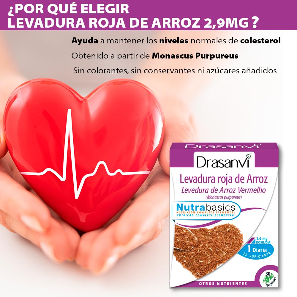 DRASANVI Levadura Roja de Arroz (Monascus purpureus) |2,9 mg de Monocolina K| Contribuye a Mantener los Niveles Normales de Colesterol |Cápsulas Vegetales |30 Cápsulas = 30 Días