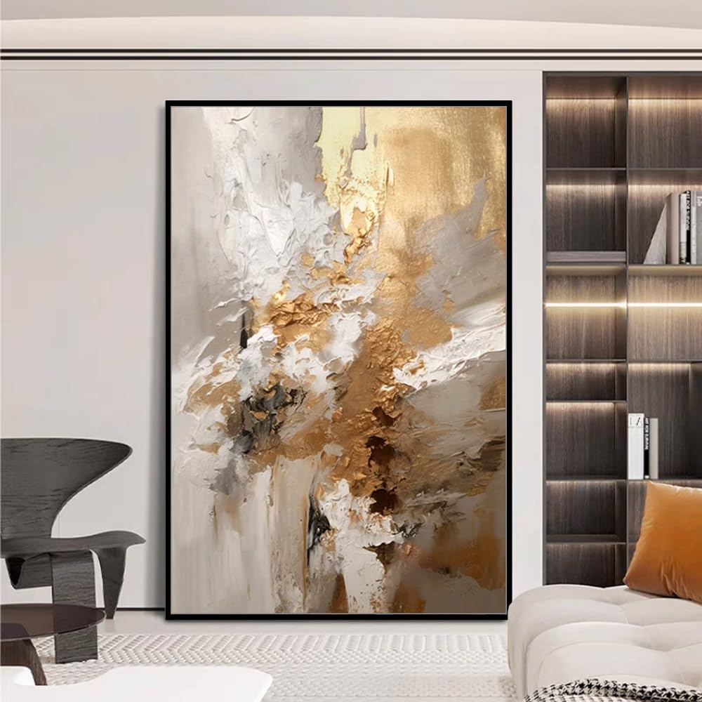 Mintura Großes Kunstwerk, handgefertigt, abstrakt, goldfarben, dickes Ölgemälde auf Leinwand, Wandkunst Bild für Wohnzimmer, Heimdekoration, Hotel (90 x 140 cm, ungerahmt), Weiß / Gold