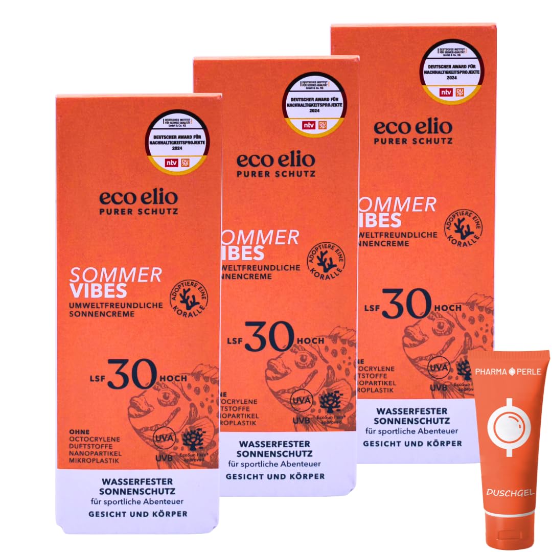 eco elio Sommer Vibes LSF 50, 3x 75 ml I Wasserfeste Sonnencreme mit 5 % Dexpanthenol I Für Sport, Schwimmen & Outdoor I Nicht fettend, ohne Duftstoffe I Spar-Set plus Pharma Perle give-away