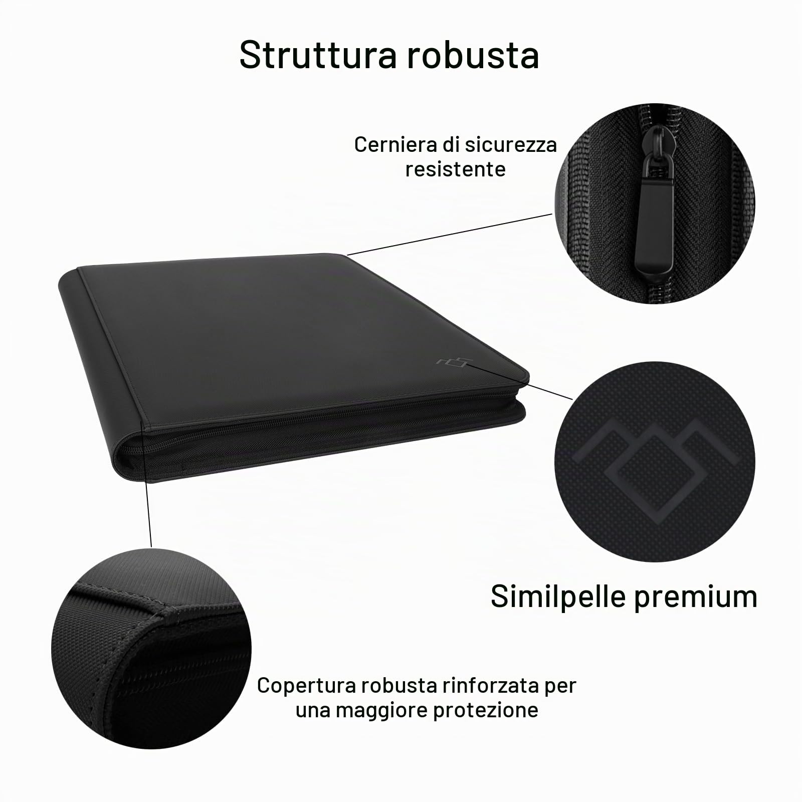 GrinOwl - Raccoglitore per carte collezionabili con 16 tasche, adatto per 1216 carte collezionabili, oltre 1200 tasche, senza anelli, per TCG (nero)