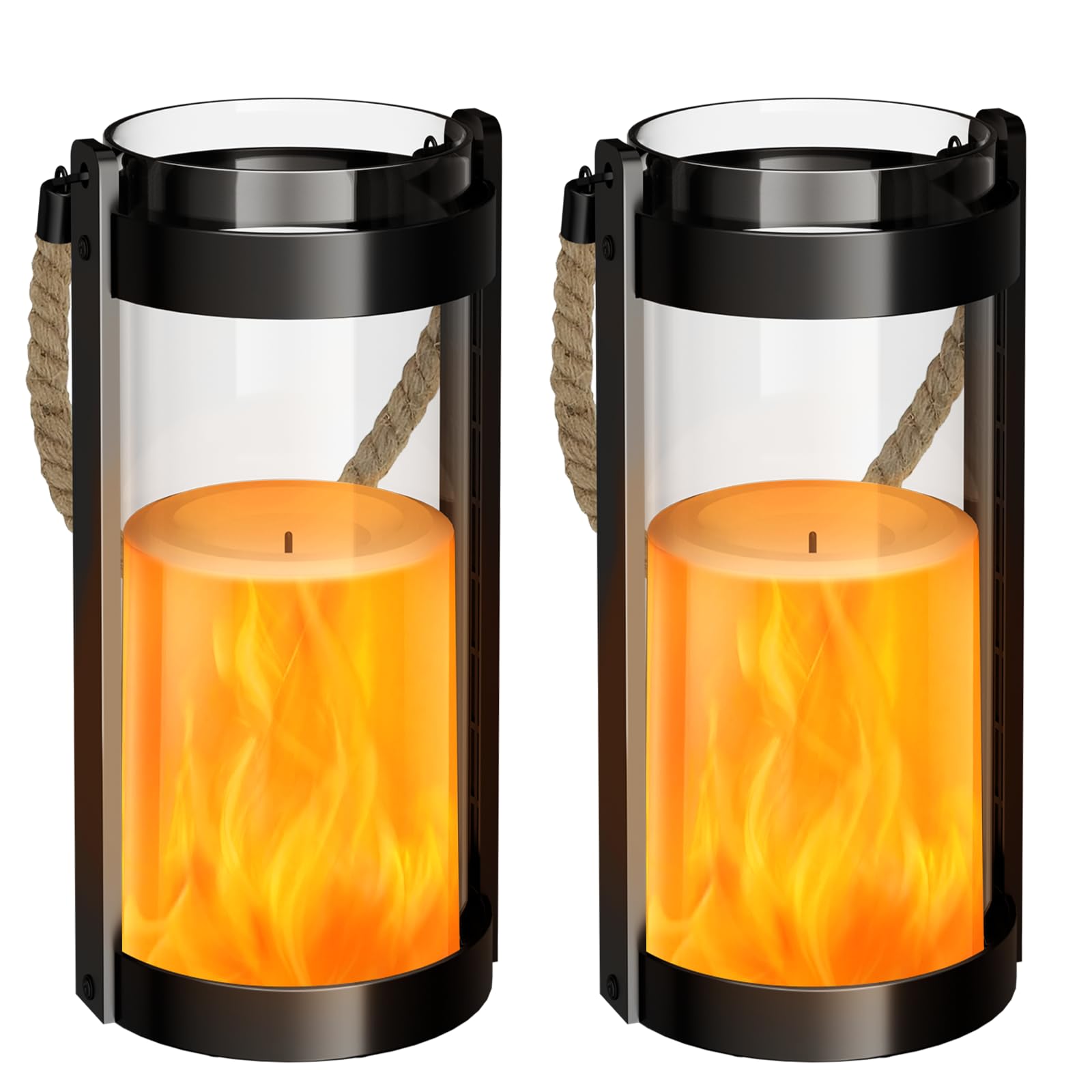 Vintage Lantern Glass Retro Lantern LED Flickering Flameless Candle Battery Powered Camping Lamp Hemp Rope Hanging Lanterns Non-Solar Light 2 Pack