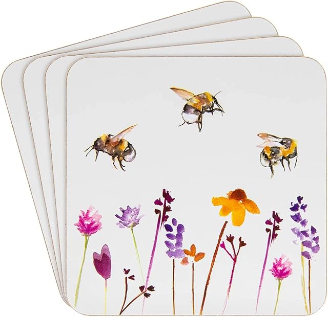 Heat Resistant Cork Back Coasters Pretty Water Colour Busy Bees Design by Jennifer Rose Gallery