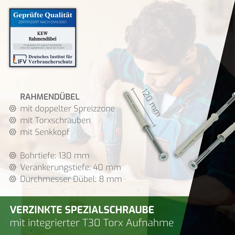 KEW 50x Rahmen-Dübel mit Torxschraube RDD TX - Bit T30 - Premium Nylon-Dübel für Beton, Holz, Metall, Stein, Ziegel, etc. - 8x120mm - 50er-Pack