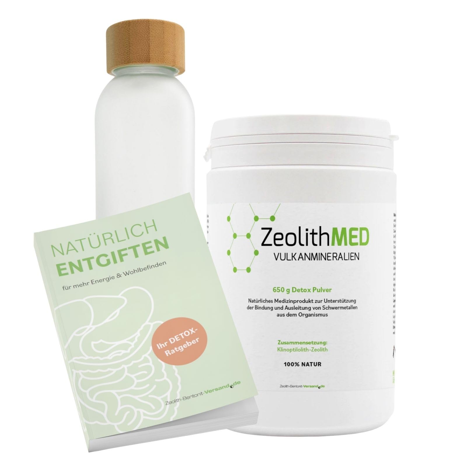 ZeolithMED Entgiftungskur Starter-Set – Natürlich entgiften mit Zeolith Vulkanmineral, Entgiftungspulver für Detox Kur, Darmreinigung & bewusste Reinigung von innen, inkl. gratis Flasche & Ratgeber