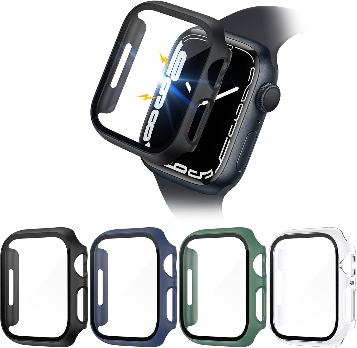 EZCO 4-Pack Hard PC Case Compatible with Apple Watch Series 7 45mm/41mm, Built in Tempered Glass Screen Protector Full Coverage Protective Cover Bumper Smartwatch Accessories Man Women for iWatch 7