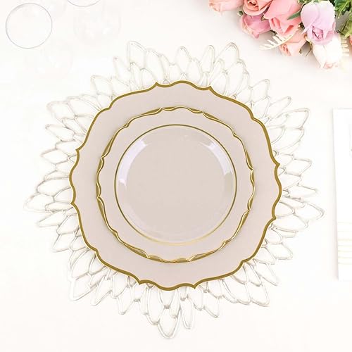 Miniatura 8 de Efavormart - Paquete de 10 platos de ensalada de postre de plástico gris pardo de 8 pulgadas, vajilla desechable redonda con borde festoneado dorado