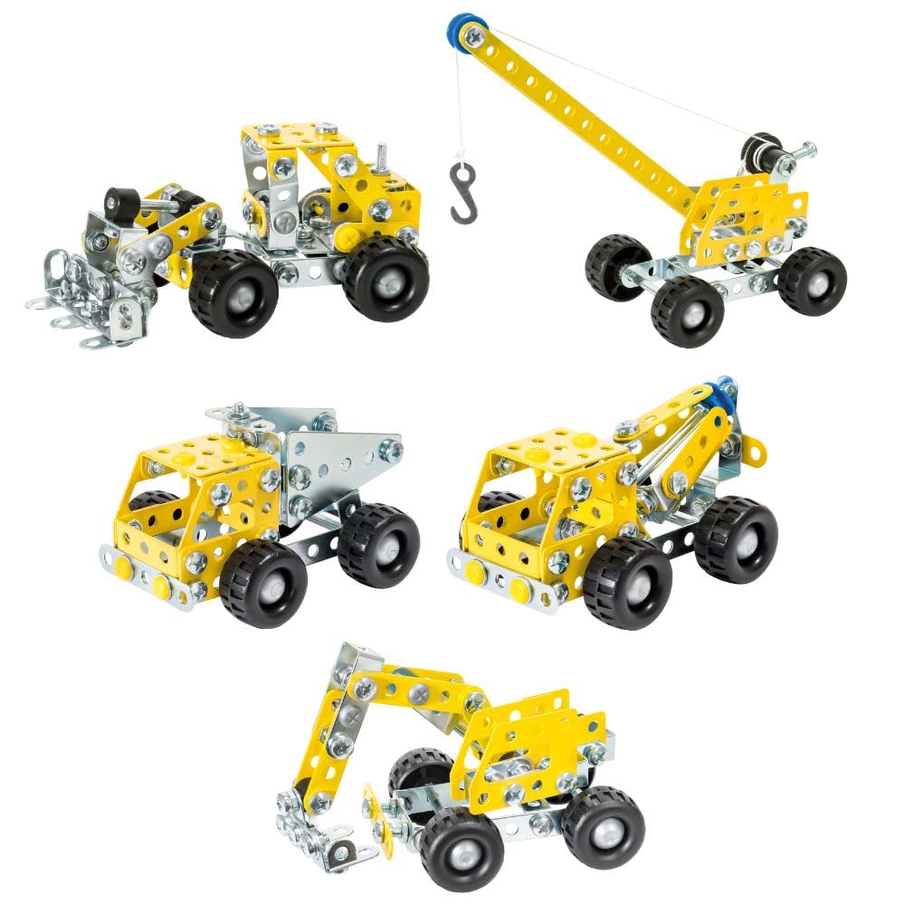 Eitech Mini Baustellenfahrzeuge - Metallbaukasten, 5er Set | 560 Teile, 5 Modelle, Modellbau für Kinder ab 6 7 8 Jahre, Konstruktionsspielzeug, Stabilbaukasten, Konstruktor Metall