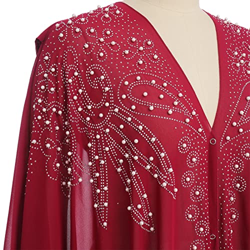 Image of OBEEII Muslim Dress for Women Loose Batwing Sleeved Hooded Beaded Embroidery Long Abaya Dress Kaftan Abayas Islamic Robe