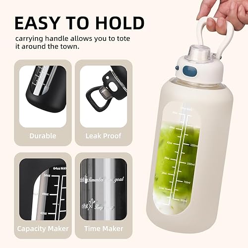 Miniatura 3 de SIEROZUR 64 oz Glass Water Bottle with Straw Half Gallon Motivational Water Bottle with Silicone Sleeve and Time Marker Large Glass Water Jug for