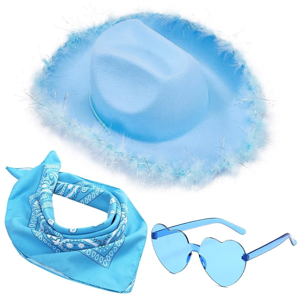 FCXVXCL Cowgirl Hat Cowboy Hats for Women Fluffy Feather Brim Cowboy Hat Heart-Shaped Sunglasses, Bandana Blue for Holiday,Costume Party,Play Dress Up,Halloween Cosplay 3Pcs