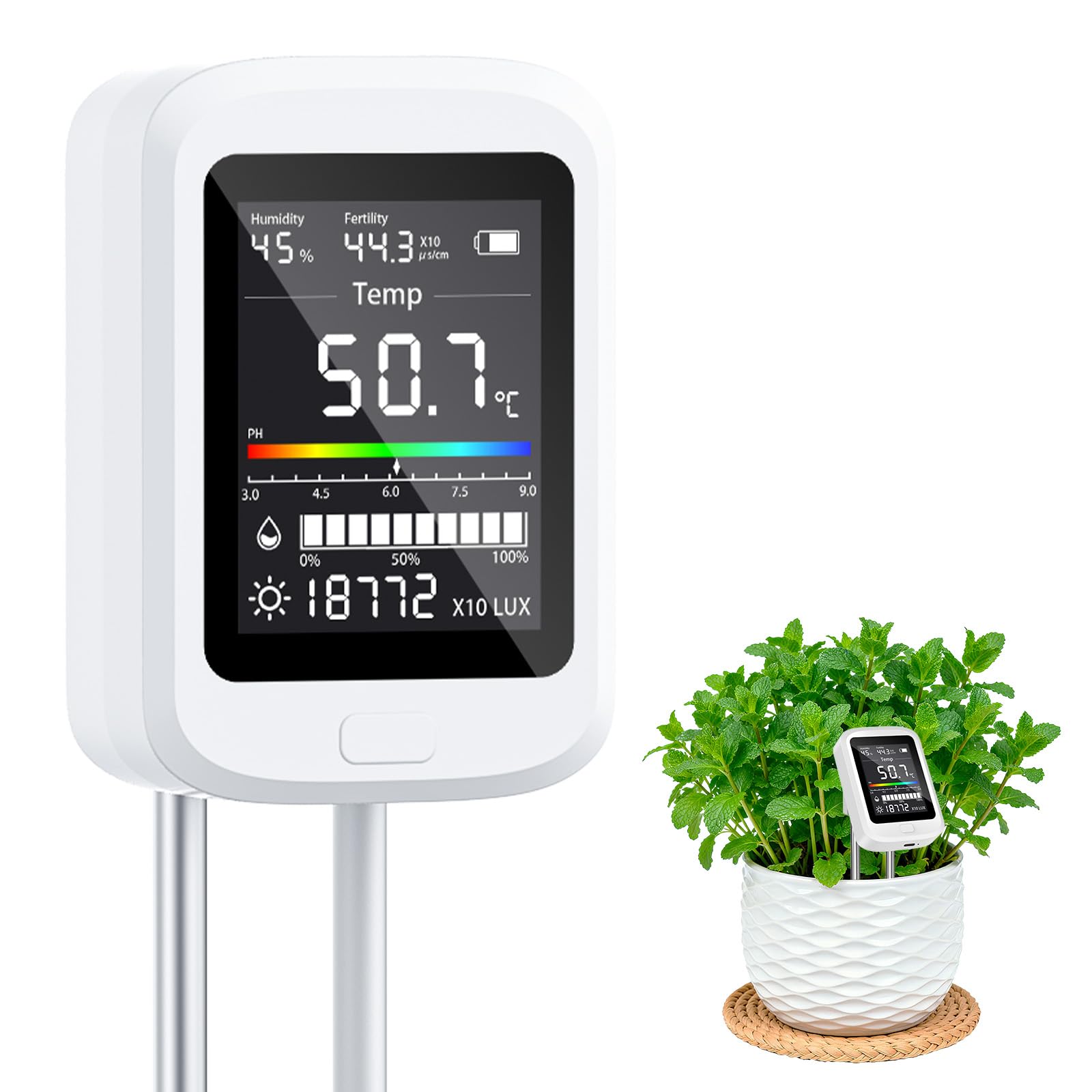 Kujizpu 6-in-1 Bodenmessgerät, Multifunktionaler Bodentester, PH/Feuchtigkeit/Bodenfruchtbarkeit/Temperatur/Sonnenlicht und Umgebungsfeuchtigkeit, Bodentest Messgerät mit Farb-LCD-Bildschirm
