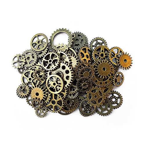 Aoyoho 100 Gram Assorted Antiqued Bronze Metal Skeleton Steampunk Gears Charms Pendant Clock Watch Wheel Gear for Crafting Jewelry Making Accessory (Bronze)