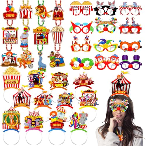 Kenning 36 Pcs Circus Party Supplies Including 12 Carnival Paper Mask Glasses 12 Acrobatics Pattern Beaded Necklace 12 Circus Headband for Carnival Photo Booth Props Clown Birthday Party