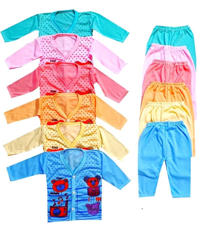 Image of Baby Boys & Baby Girl's Soft Cotton Printed Full Sleeve Shirt Pajama Casual Dress Jhabla for Kids Newborn Infant Toddler Combo Pack of -6