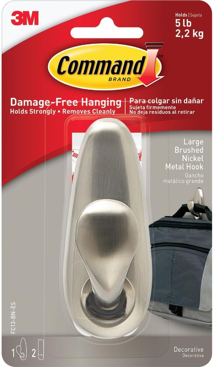 Brushed Nickel Self-Adhesive Metal Hook with 2 Strips