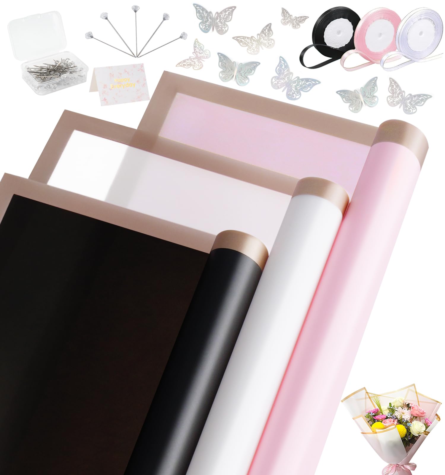 MATT SAGA Lot de 60 feuilles de papier cadeau pour bouquet de fleurs, ruban de satin, papillons 3D, épingles à fleurs, cartes, papier d'emballage de fleuriste pour mariage, anniversaire, fleuriste