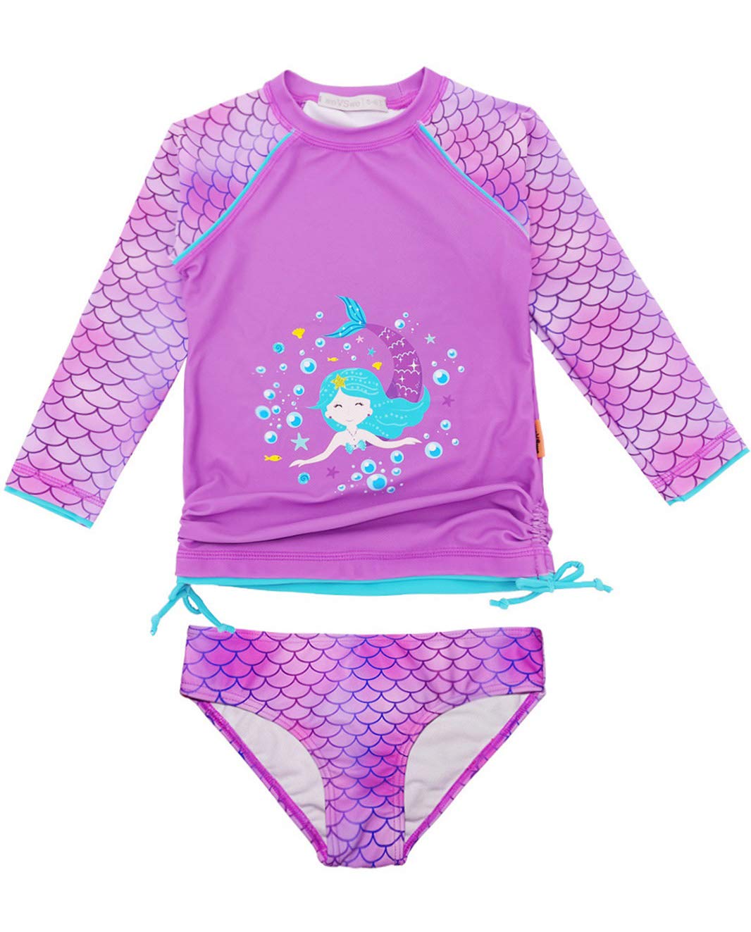 Little Girls Mermaid Rash Guard Scales Swimsuit Long Sleeve Two Piece Bathing Suit Swimwear UPF 50+ Protection 5-6X