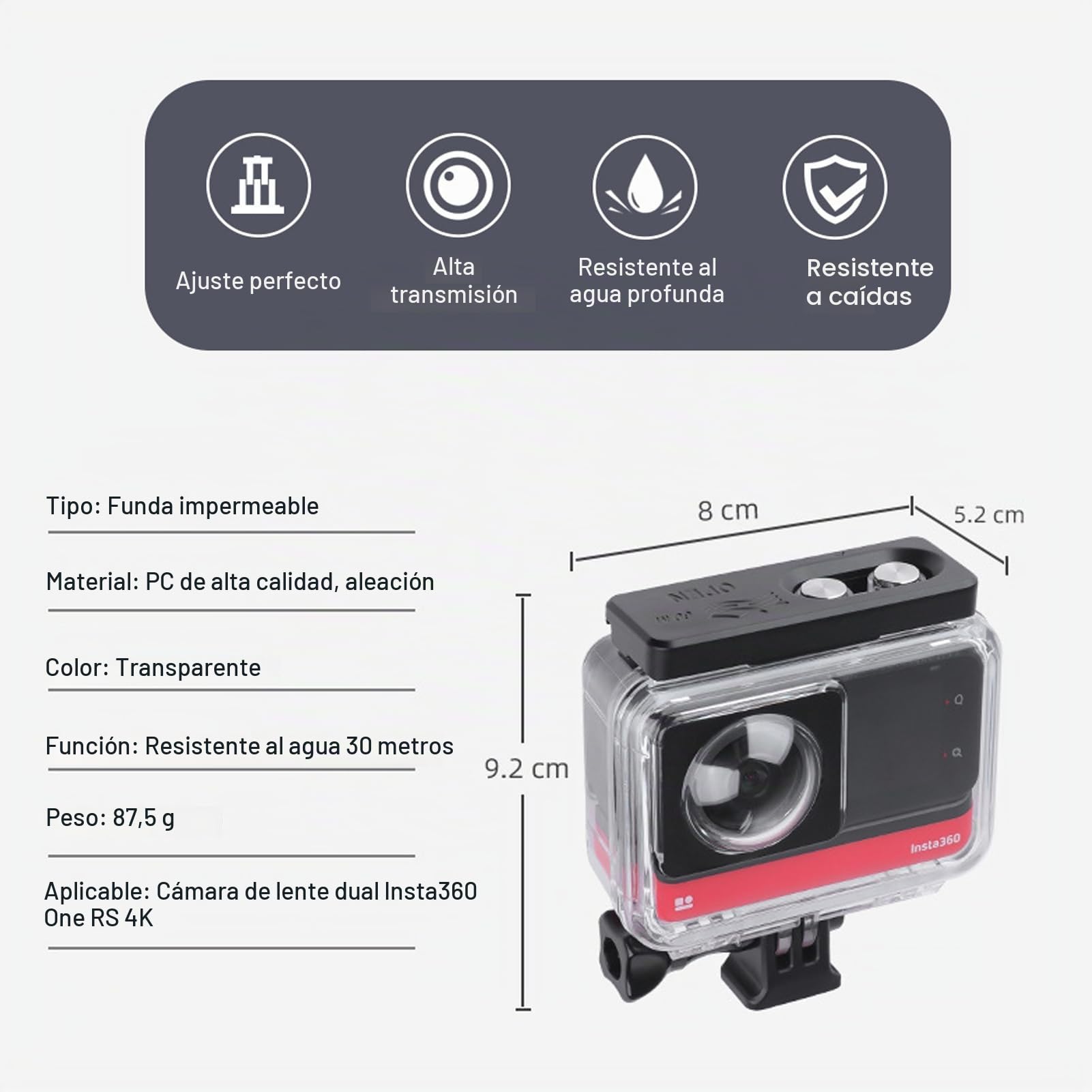 Funda de Buceo para Insta360 One RS, Carcasa Protectora Impermeable, Resistente Al Agua hasta 30 M de Profundidad, para Buceo, Surf, Esnórquel