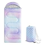 Kids Sleeping Bag for Girls Toddlers, Camping in Warm Cold Weather, Backpacking Lightweight Compact Outdoor Liner for 3 Seasons Summer Spring Fall, Mermaid Purple Blue
