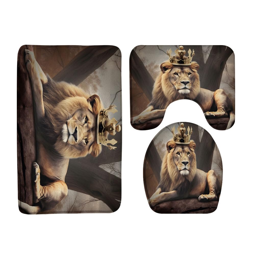 FGYGYK Lion 3 Pcs Bath Rugs Set,African Wild Animal Jungle King Wildlife Cool Men Boys Bathroom Kitchen Rug with 16
