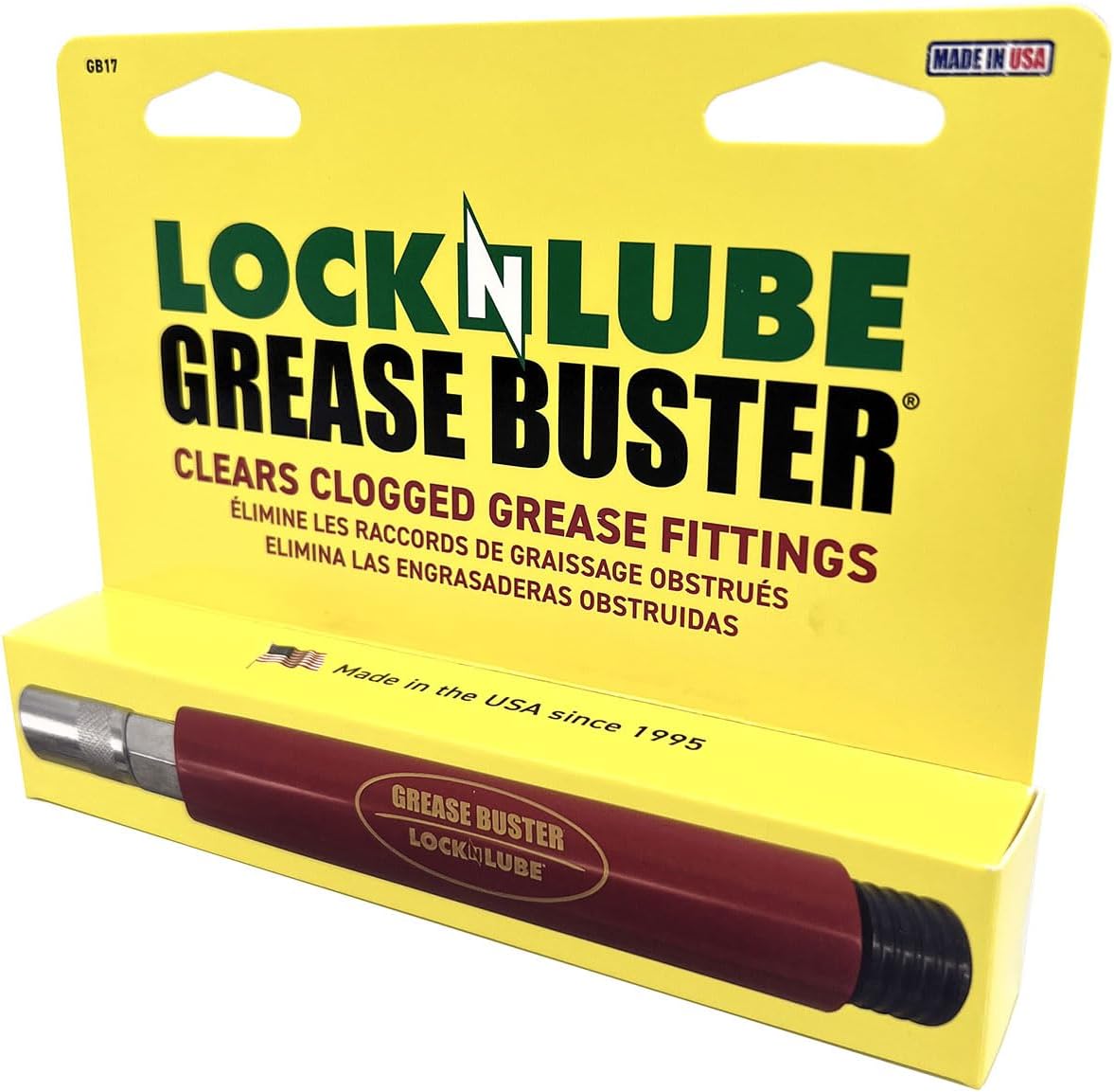 Grease Buster® - The Original, Made in The USA by LockNLube! Cleans and flushes Out Old Dried Grease from Fittings, pins, shafts, bushings, and Joints. Uses penetrating Fluid and Hydraulic Pressure.