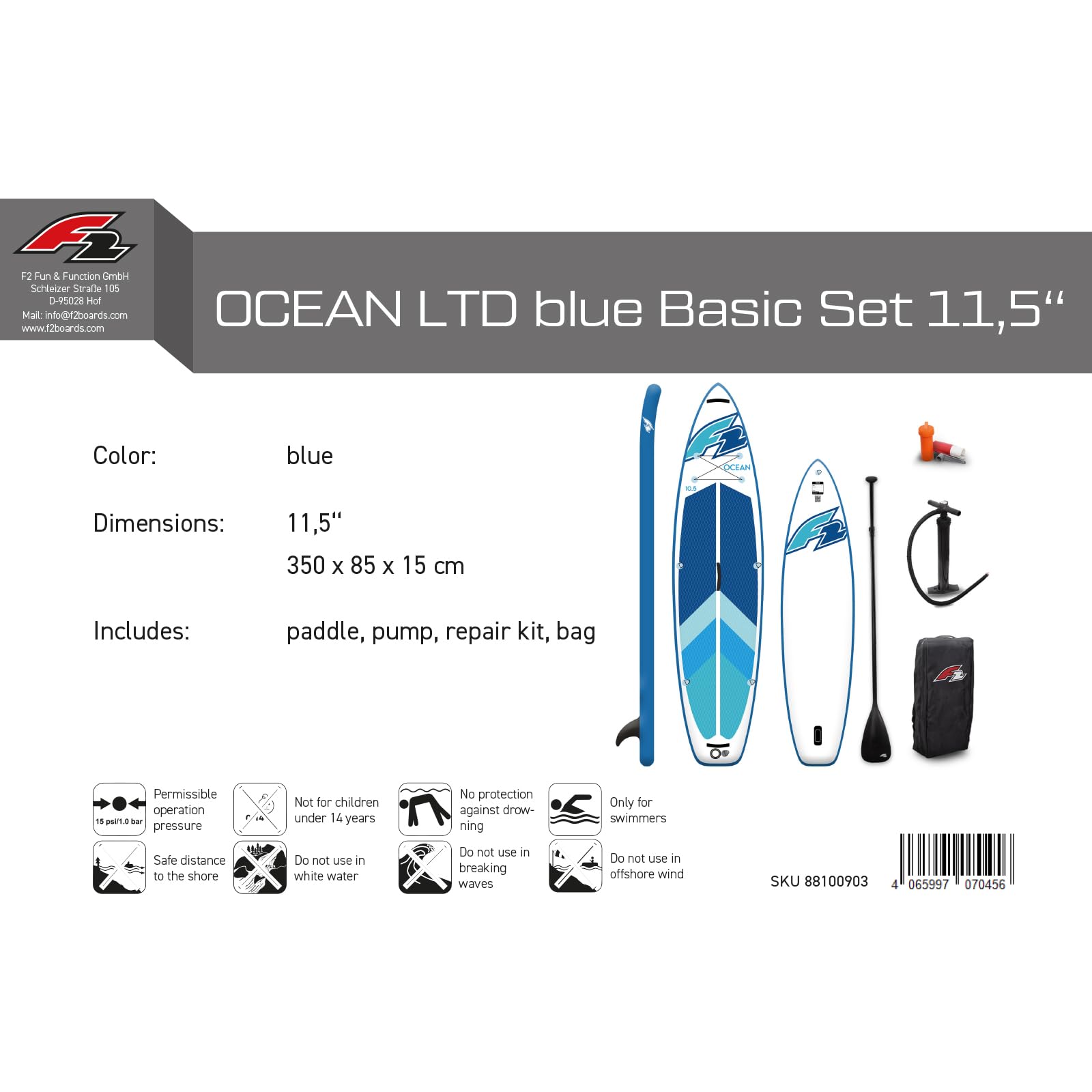 F2 Marken Stand Up Paddle Board Ocean SUP Zubehörpaket wählbar, SUP Board aufblasbar, Inflatable Paddel Board, Kajakpaddel, Kajak Sitz, Paddling Board mit Zubehör, Paddelbrett