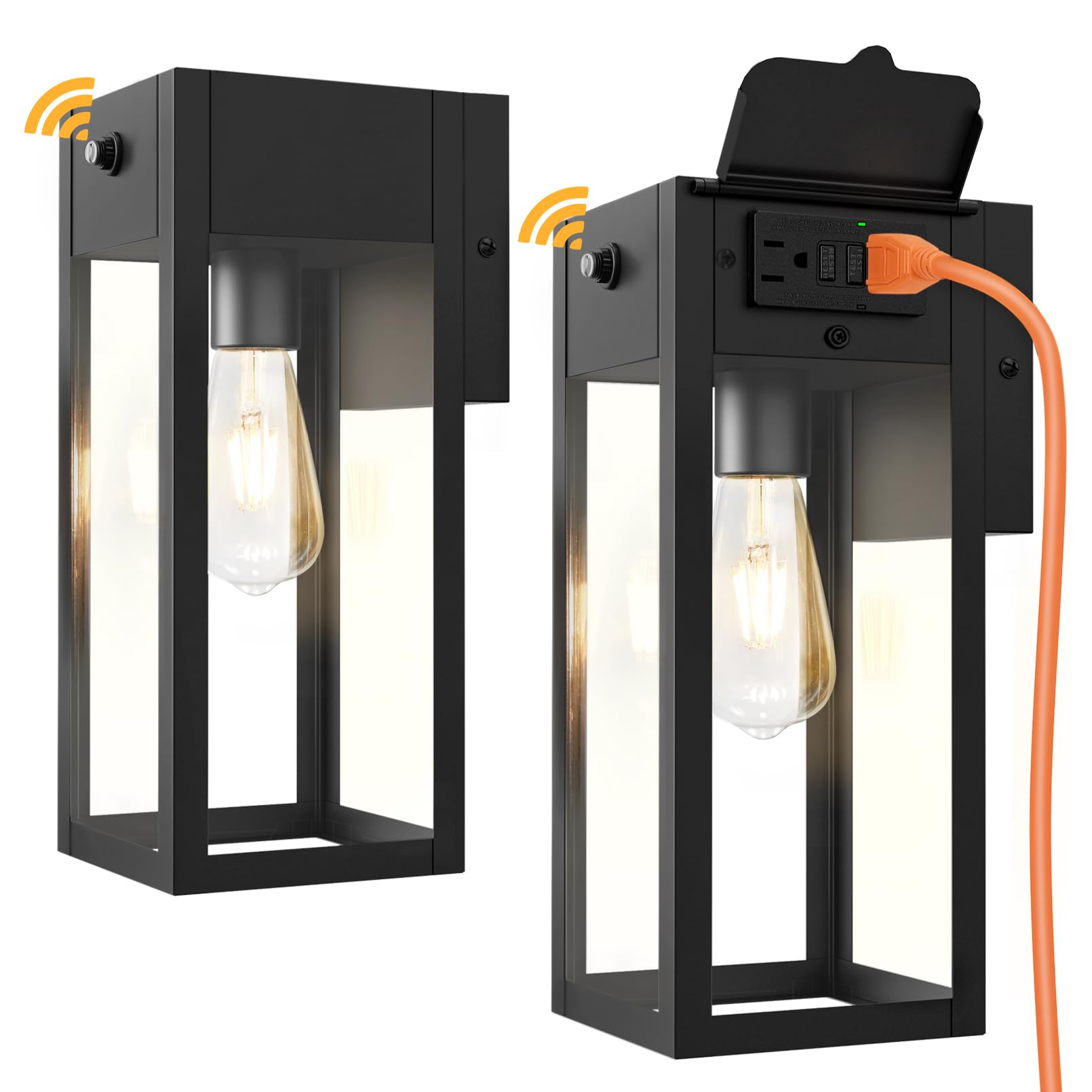 Porch Lights with Outlet, Dusk to Dawn Outdoor Light, 2-Pack Black