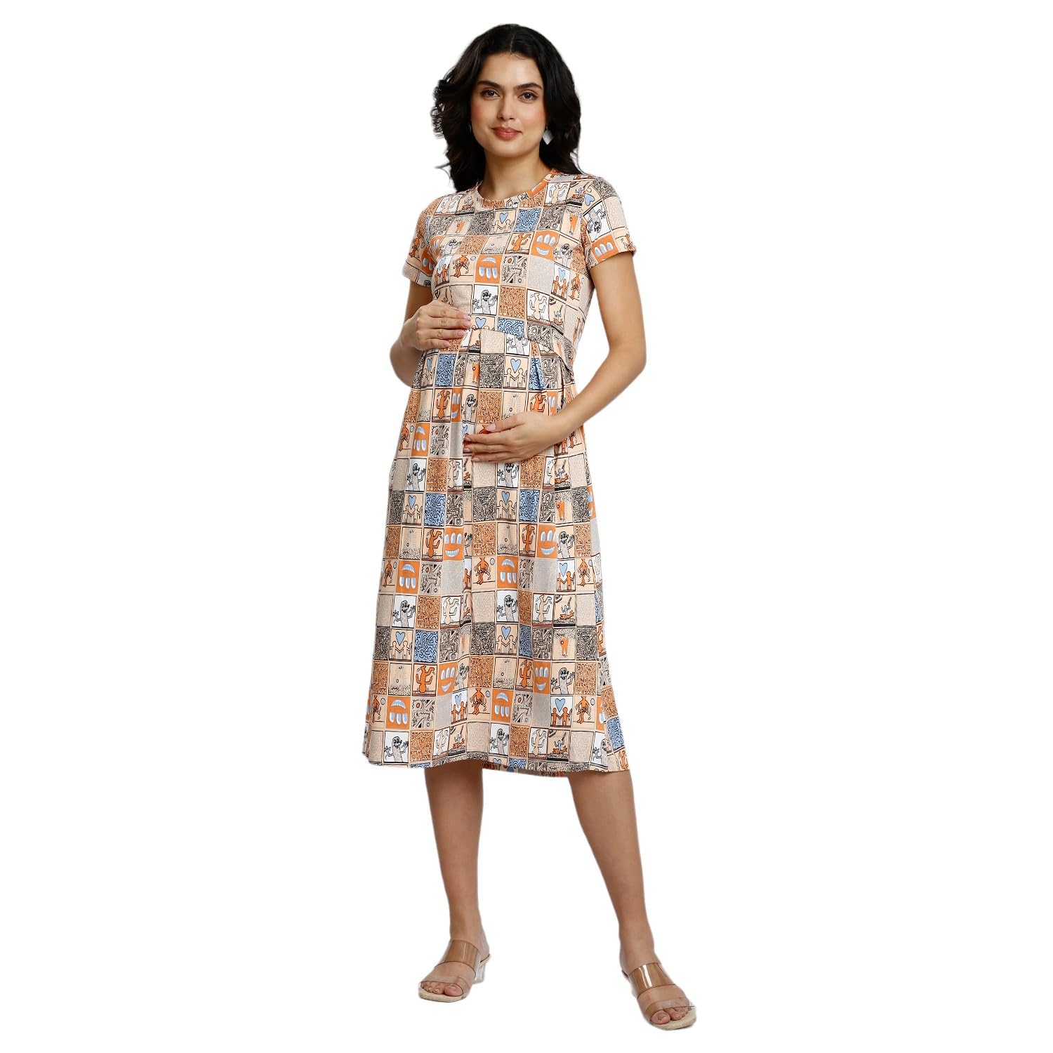 True Shape Maternity Dresses for Women Cotton | Stretchable Zipless Feeding Loungewear Kurta with Side Pockets in Knitted Hosiery for Pre & Post Partum(TS493-3XL, Pastel Orange)