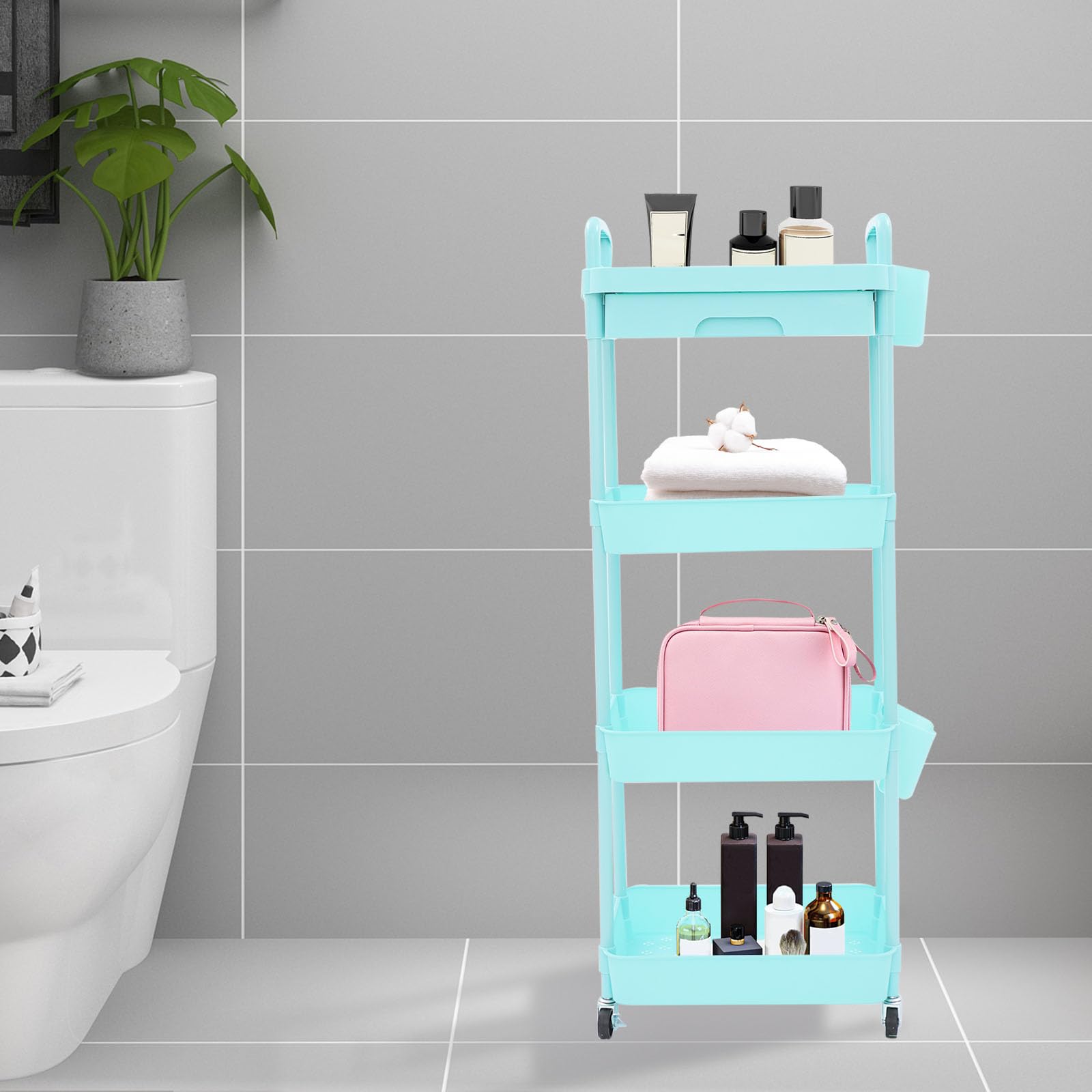 Carrello portaoggetti a 4 ripiani con cassetto, carrello multifunzione per camera da letto, cucina, bagno, soggiorno, blu