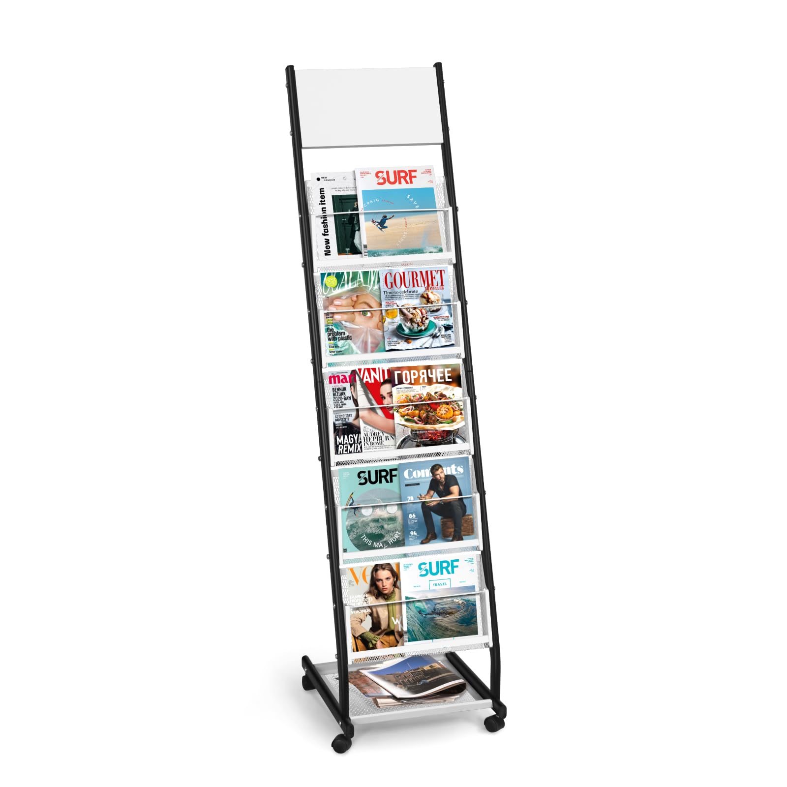 SUNDOY 5-Tier Floor-Standing Literature Display Stand with Castor Wheels – Brochure and Magazine Rack for Offices, Reception Areas and Clinics, Black