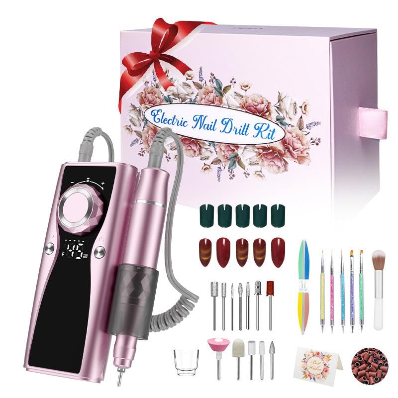 Electric Nail File 45000RPM Professional Nail Drill, Rechargeable E File for Acrylic Nails & Gel Nails, Adjustable Speed Manicure Pedicure Kit for Salon Home Use, Pink