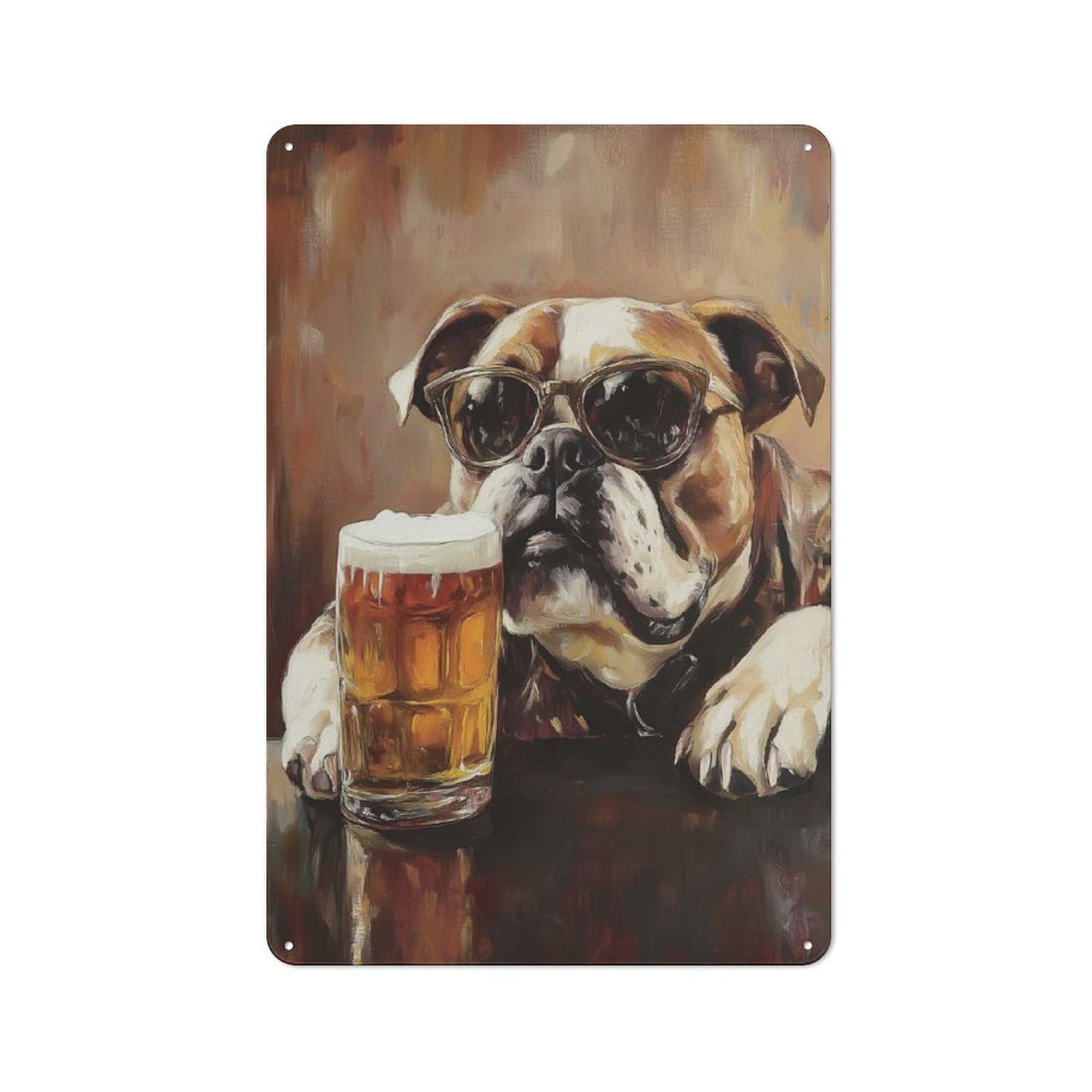 Country Style Cool Bulldog with Beer Painting Decorative Metal Sign 30x20cm, Bistro Wall Plaque for Restaurant, Kitchen, Counter Or Breakfast Nook