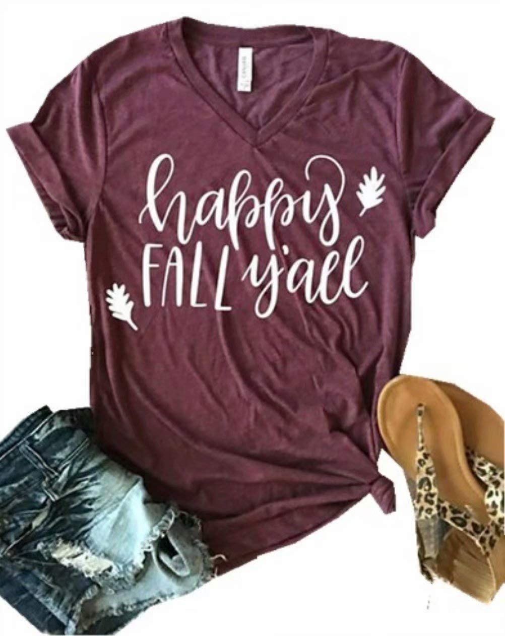 Happy Fall Y'all Halloween V Neck T Shirts Womens Funny Pumpkin Spice Letter Printed Fall Shirt Tee Tops