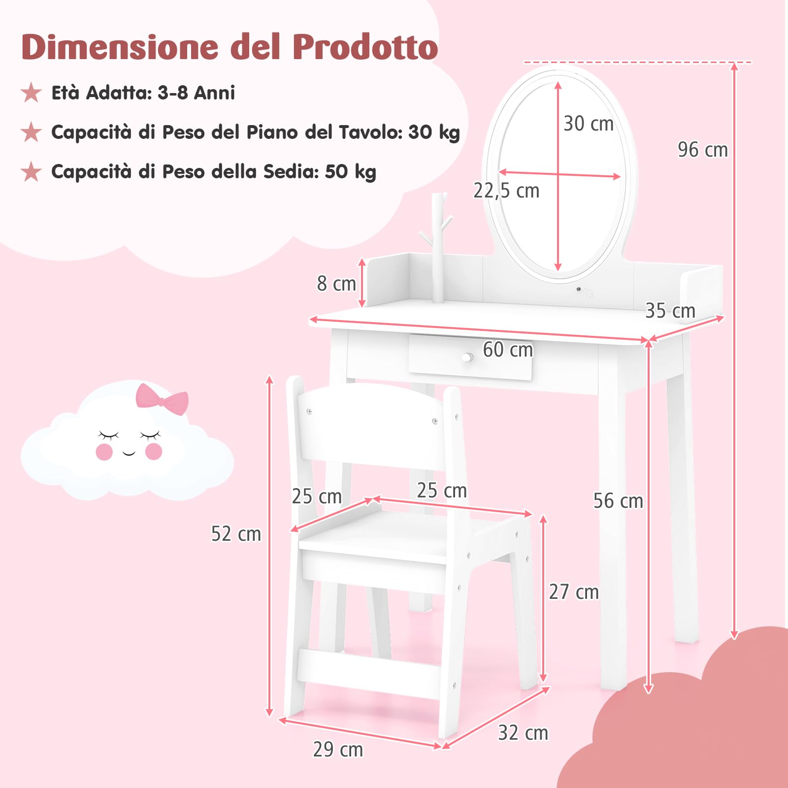 RELAX4LIFE Toeletta Trucco per Bambina con Luci LED, Specchiera Trucco con Sgabello, Toeletta in Legno, Specchio Rimovibile, per Bambini 3+ Anni (Bianco)
