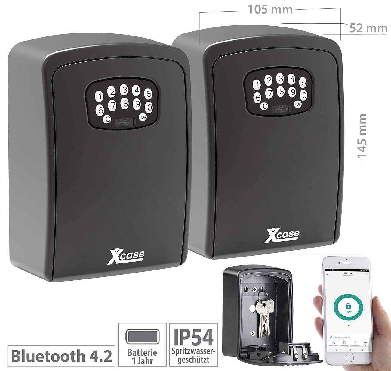 Xcase Schlüsselkasten: 2er Set Mini-Schlüssel-Safe mit Bluetooth und App, IP54 (Schlüsselsafe mit Zahlenschloss, Schlüsselsafe mit Zahlencode, WLAN)