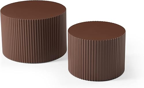 Miniatura 36 de Juego de 2 mesas auxiliares apilables rústicas, modernas mesas auxiliares redondas de madera con patrón de mármol para sala de estar, dormitorio,